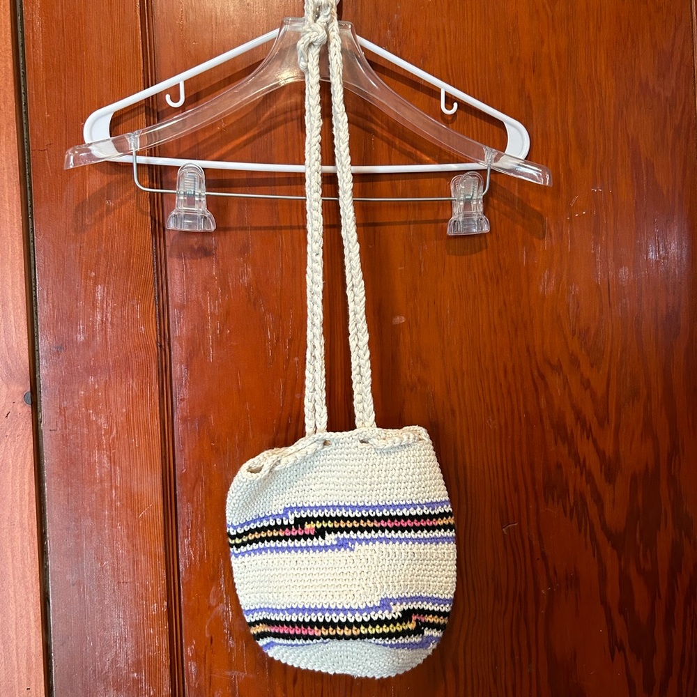 Cream pink orange purple striped crochet bag with long straps  #crochetbag
